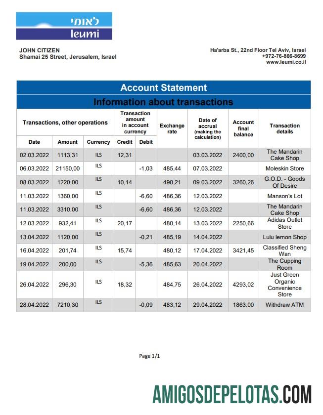 Israel Leumi modelo de extrato bancário